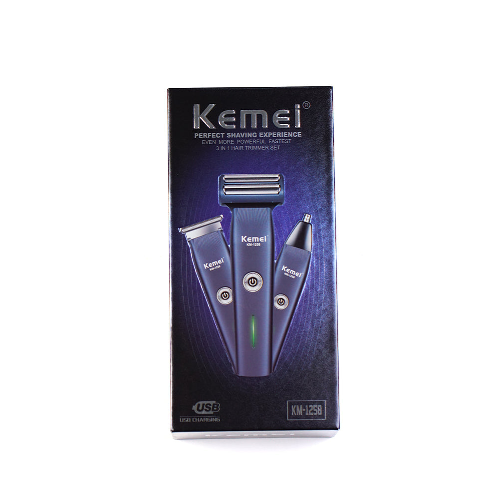 KM-1258 3 in 1 Grooming Kit with Shaver Trimmer & Nose Trimmer (Lithium Batteries) - Kemei Pakistan