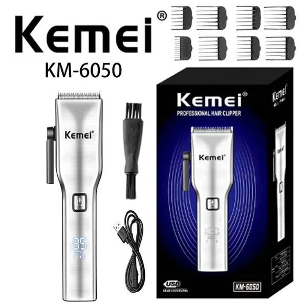 Kemei KM-6050 Professional hair Trimmer | Digital | Lithium Batteries | 8 Guiding Combs - Kemei Pakistan