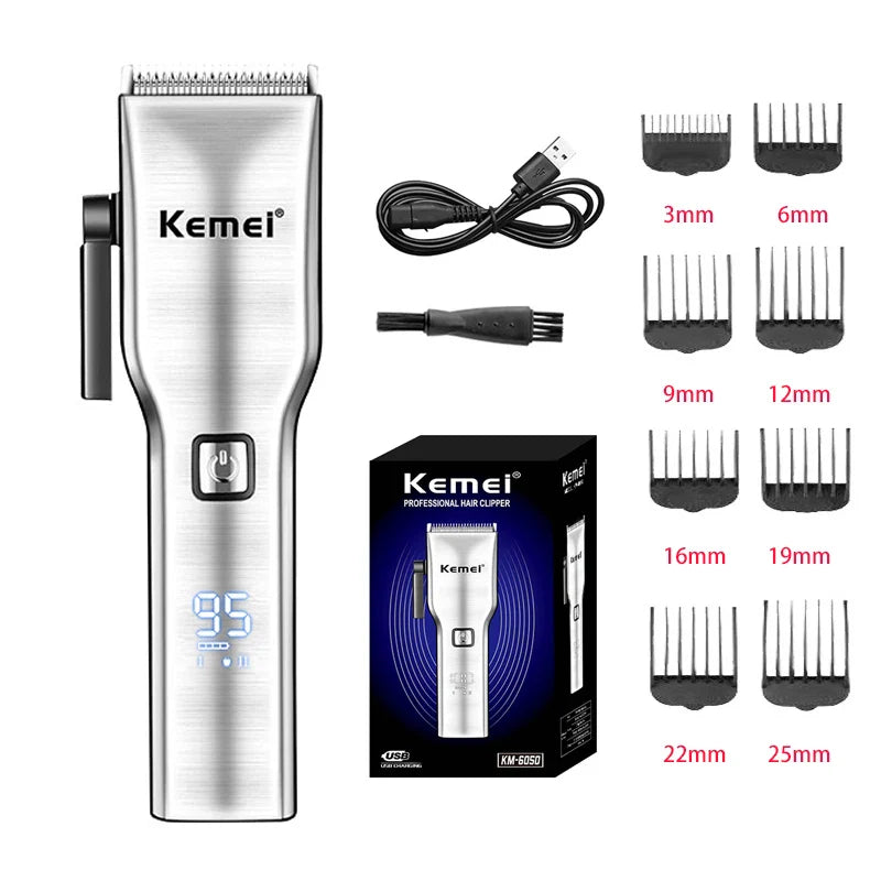 Kemei KM-6050 Professional hair Trimmer | Digital | Lithium Batteries | 8 Guiding Combs - Kemei Pakistan