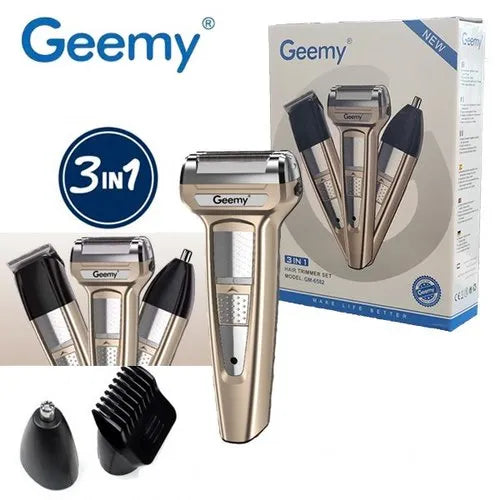 Geemy GM-6582 3-in-1 Grooming Kit – Professional Hair Trimmer, Nose Trimmer, Beard Trimmer, and Shaver with Rechargeable Battery and LED Charging Indicator