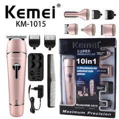 Kemei Trimmer 10 in 1 KM-1015 Model – Rechargeable Hair & Beard Trimmer, Grooming Kit with Nose Trimmer, Body Shaver, Adjustable Combs, Stainless Steel Blades, 6-Month Warranty