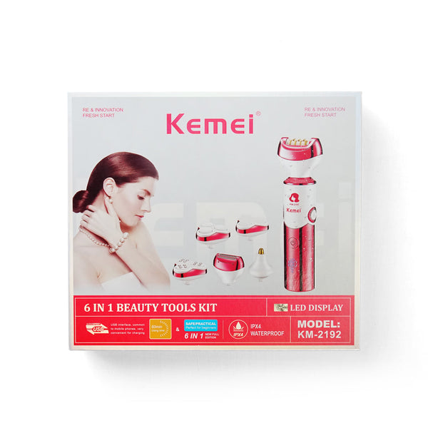 Kemei KM-2192  | 6 in 1 Beauty Tool Kit | Washable | Digital | Epilator | Shaver | Scrabber | Nose Trimmer | Massager | - Kemei Pakistan