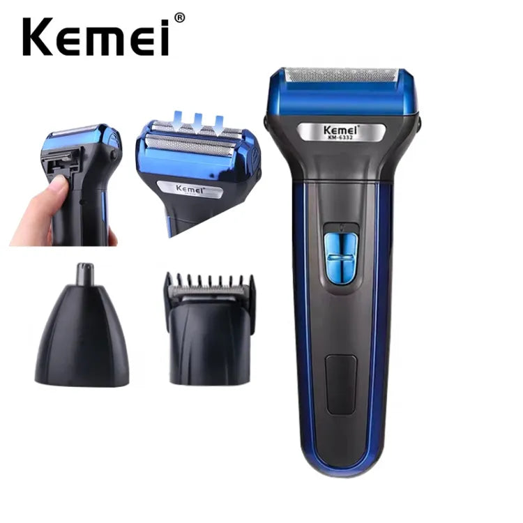 Kemei KM-6332 3-in-1 Grooming Kit – Professional Hair Trimmer, Nose Trimmer, Beard Trimmer, Shaver with Rechargeable Battery and LED Charging Indicator