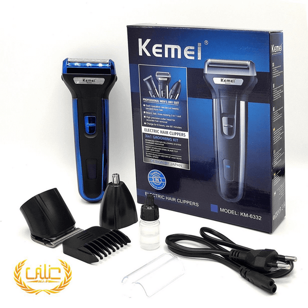 Kemei KM-6332 3-in-1 Grooming Kit – Professional Hair Trimmer, Nose Trimmer, Beard Trimmer, Shaver with Rechargeable Battery and LED Charging Indicator