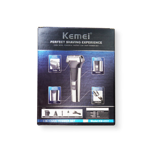 Kemei KM-6551 3 in 1  Grooming KIt | Digital | Lithium Batteries | Trimmer | Shaver | Nose Trimmer - Kemei Pakistan