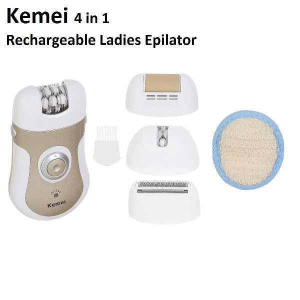 Kemei Epilator KM-903 4-in-1 Model – Kemei Lady Epilator, Shaver, Hair Remover, Callus Remover & Massager with Rechargeable Battery & 6-Month Brand Warranty