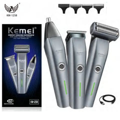 KM-1258 3 in 1 Grooming Kit with Shaver Trimmer & Nose Trimmer (Lithium Batteries) - Kemei Pakistan