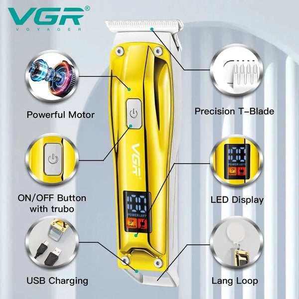 VGR Hair Trimmer V-956 – Professional Hair and Beard Trimmer with Digital Display, USB Charging, Adjustable Comb, Stainless Steel Body, 500mAh Li-ion Battery, and 6-Month Warranty